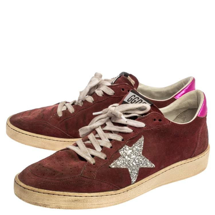 Pre Owned Golden Goose Burgundy Suede Leather And Glitter Ball Star Lace Up Sneakers Size 40