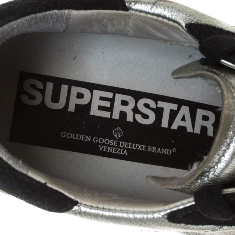 Pre Owned Golden Goose Silver/Black Leather and Suede Superstar Lace Up Sneakers Size 36