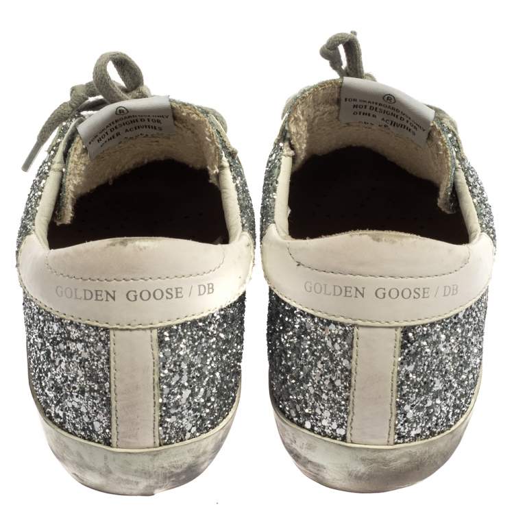 Pre Owned Golden Goose Silver/White Glitter And Leather Superstar Sneakers Size 37