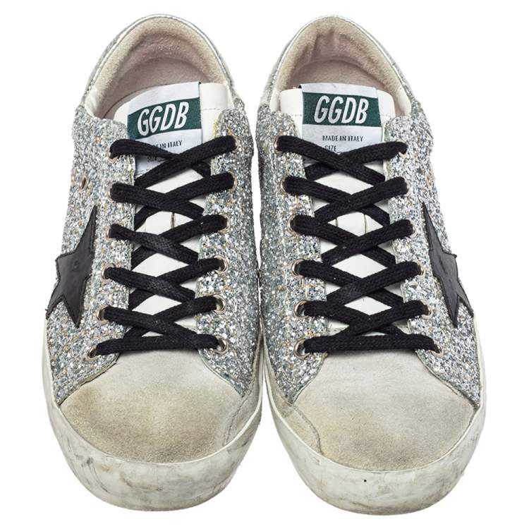 Pre Owned Golden Goose Silver Glitter And Suede Superstar Sneakers Size 39