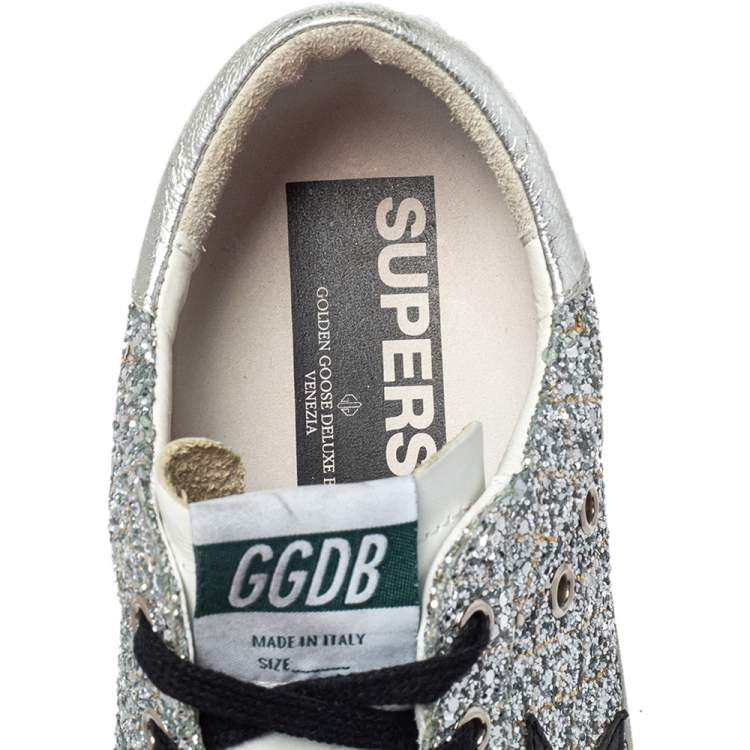 Pre Owned Golden Goose Silver Glitter And Suede Superstar Sneakers Size 39