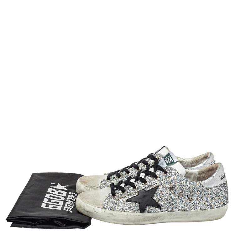 Pre Owned Golden Goose Silver Glitter And Suede Superstar Sneakers Size 39