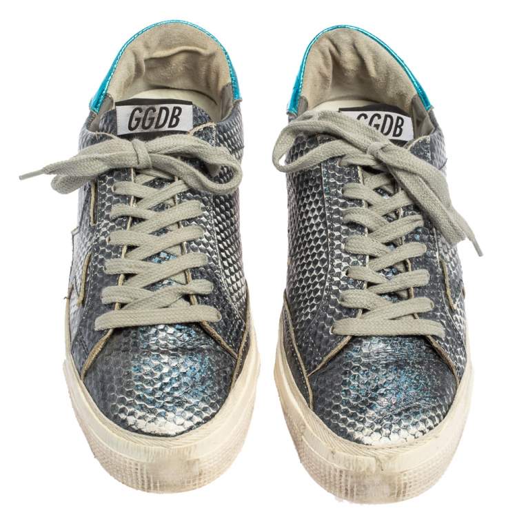 Pre Owned Golden Goose Metallic Blue Snake Embossed Leather Sneakers Size 37