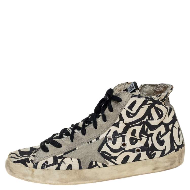 Golden Goose Beige/Black Printed Canvas Francy High Top Sneakers