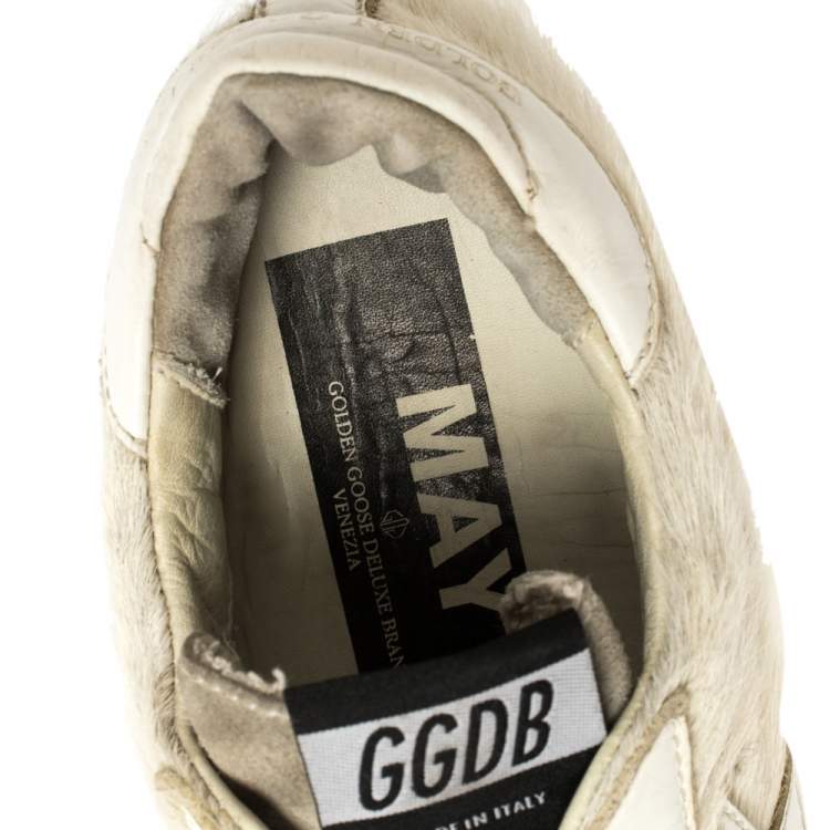 Pre Owned Golden Goose White/Grey Distressed Suede And Pony Hair Lace Up Sneakers Size 37