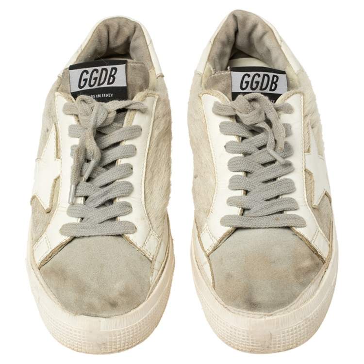 Pre Owned Golden Goose White/Grey Distressed Suede And Pony Hair Lace Up Sneakers Size 37