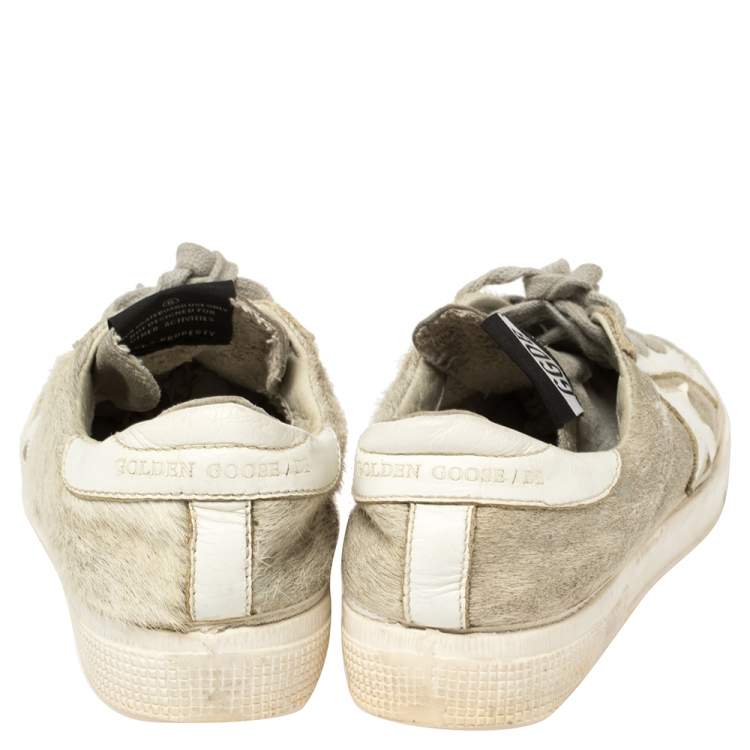 Pre Owned Golden Goose White/Grey Distressed Suede And Pony Hair Lace Up Sneakers Size 37