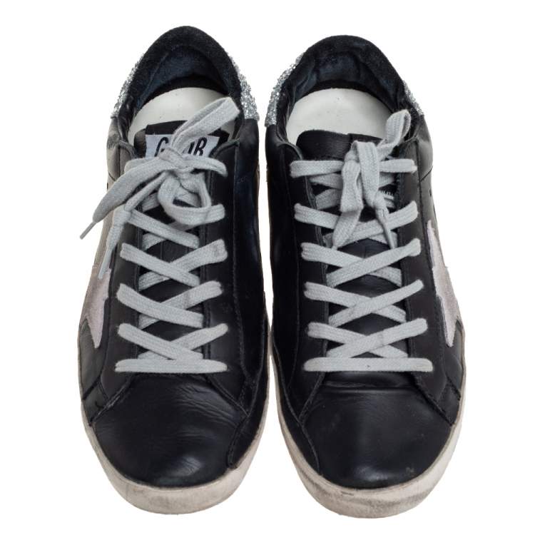 Pre Owned Golden Goose Black/Silver Leather And Glitter Superstar Low Top Sneakers Size 37