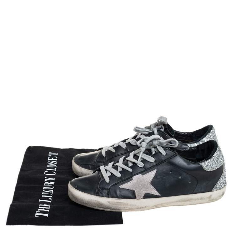 Pre Owned Golden Goose Black/Silver Leather And Glitter Superstar Low Top Sneakers Size 37