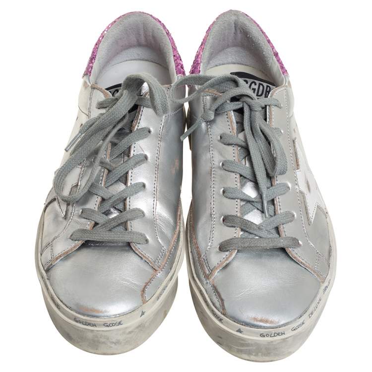 Pre Owned Golden Goose Silver/Pink Leather And Glitter Superstar Low Top Sneakers Size 37