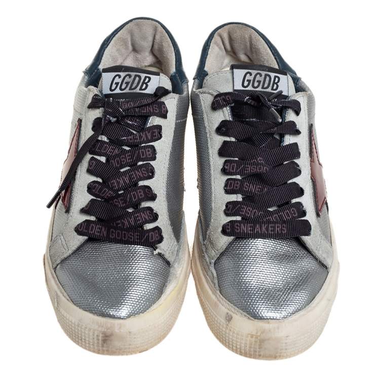 Pre Owned Golden Goose Silver Leather And Suede May Low Top Sneakers Size 36
