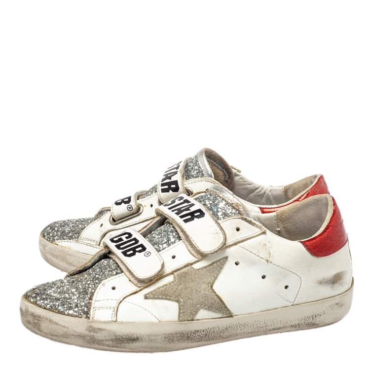 Pre Owned Golden Goose White/Silver Glitter And Leather Old School Sneakers Size 35