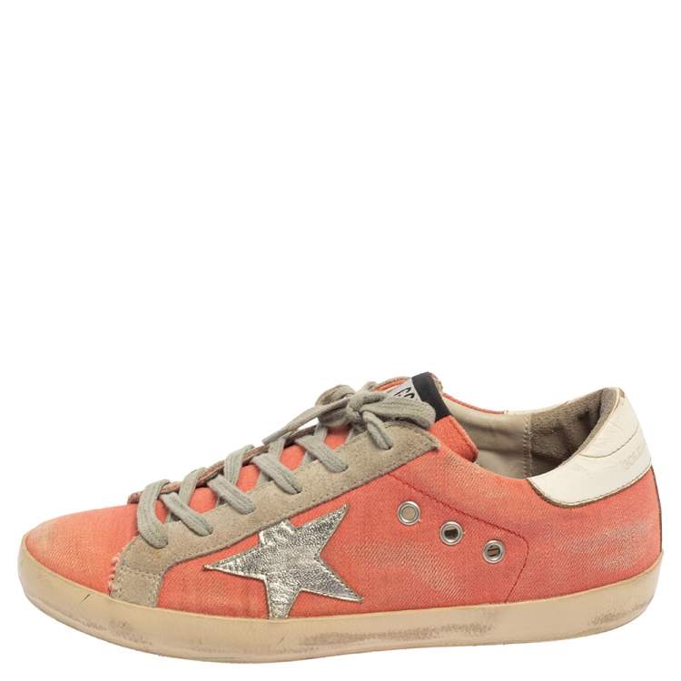 Pre Owned Golden Goose Pink/White Canvas And Suede Superstar Sneakers Size 39