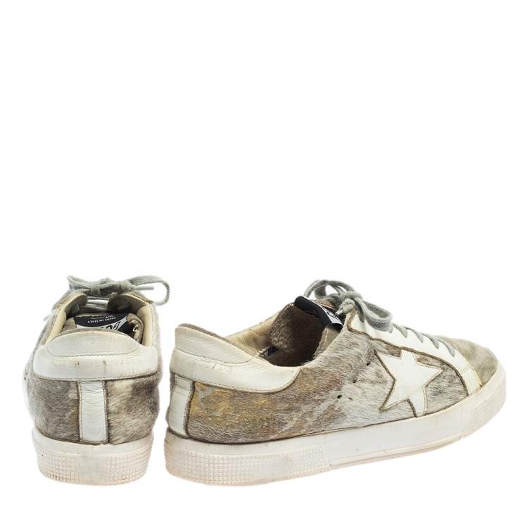 Pre Owned Golden Goose White/Grey Distressed Suede And Pony Hair May Lace Up Sneakers Size 40