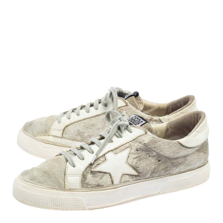 Pre Owned Golden Goose White/Grey Distressed Suede And Pony Hair May Lace Up Sneakers Size 40