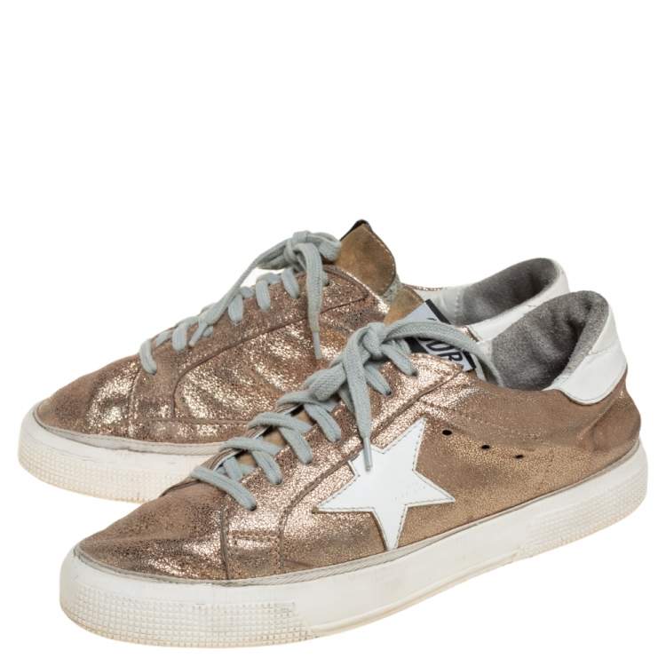 Pre Owned Golden Goose Gold/White Glitter And Leather Superstar Low Top Sneakers Size 40