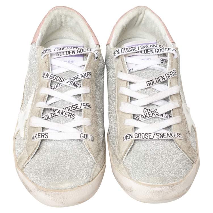Pre Owned Golden Goose Silver/Grey Glitter Superstar Low Top  Sneakers Size 38
