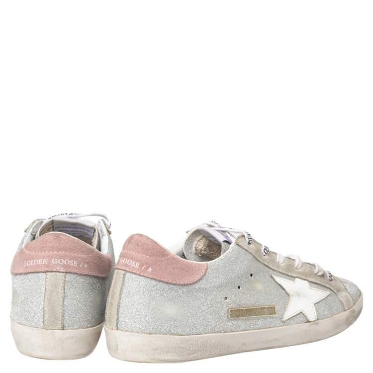 Pre Owned Golden Goose Silver/Grey Glitter Superstar Low Top  Sneakers Size 38