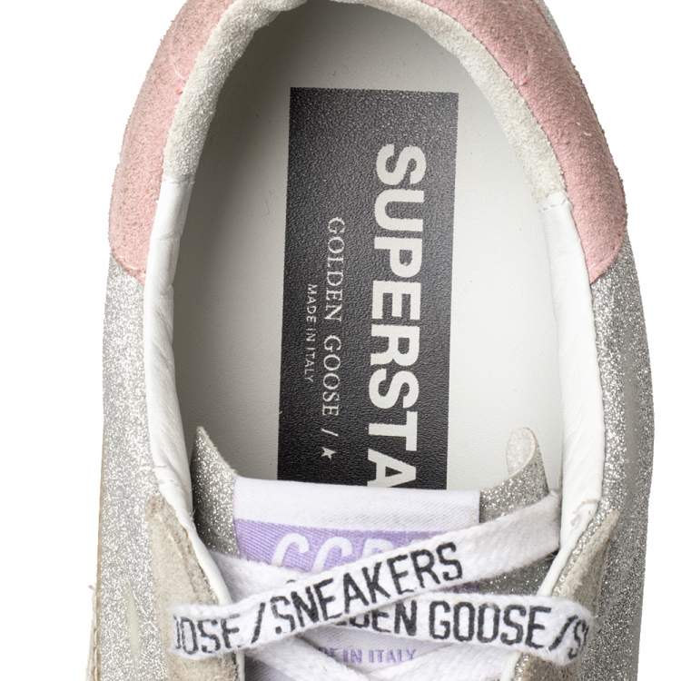 Pre Owned Golden Goose Silver/Grey Glitter Superstar Low Top  Sneakers Size 38