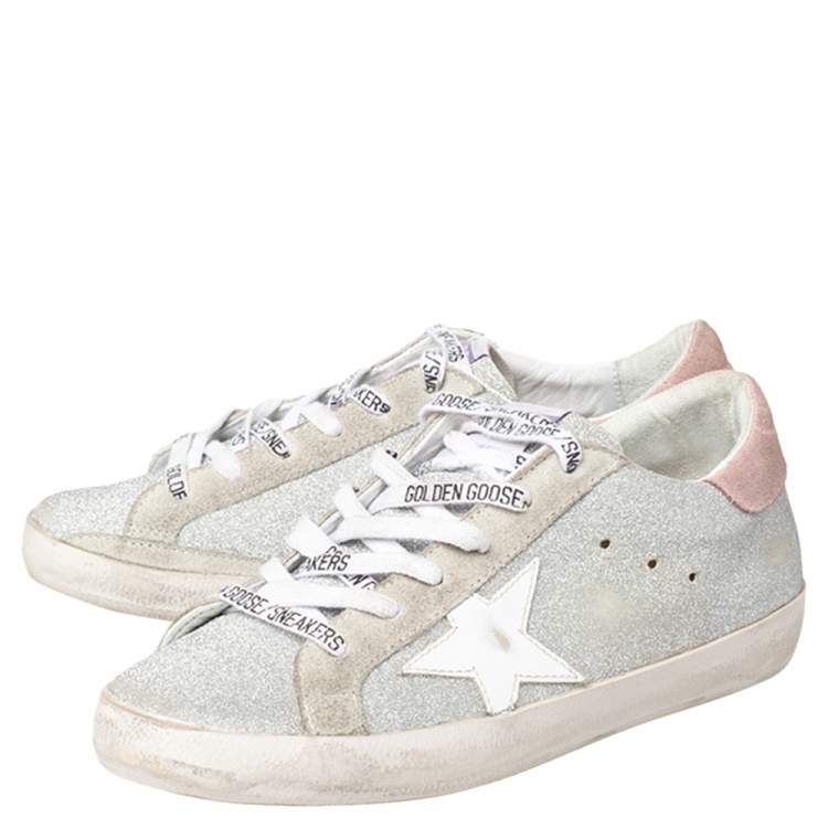 Pre Owned Golden Goose Silver/Grey Glitter Superstar Low Top  Sneakers Size 38