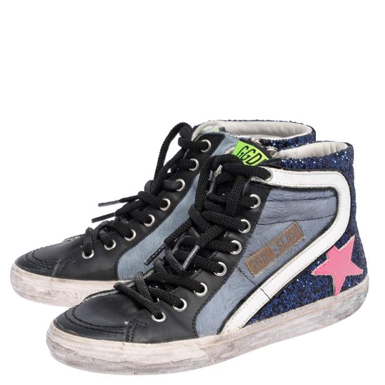 Pre Owned Golden Goose Multicolor Leather And Calf Hair  Fancy High Top Sneakers Size 36