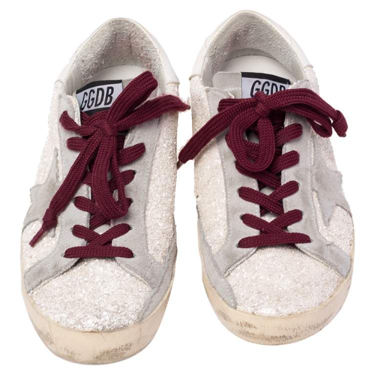 Pre Owned Golden Goose Vanilla/Grey Glitter and Suede Superstar Low Top Sneaker Size 36