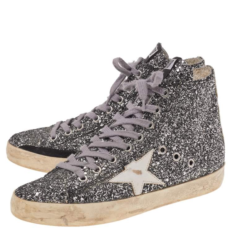 Pre Owned Golden Goose Silver Glitter Fabric And Leather High Top Francy Sneakers Size 38