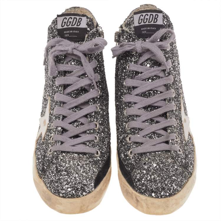 Pre Owned Golden Goose Silver Glitter Fabric And Leather High Top Francy Sneakers Size 38