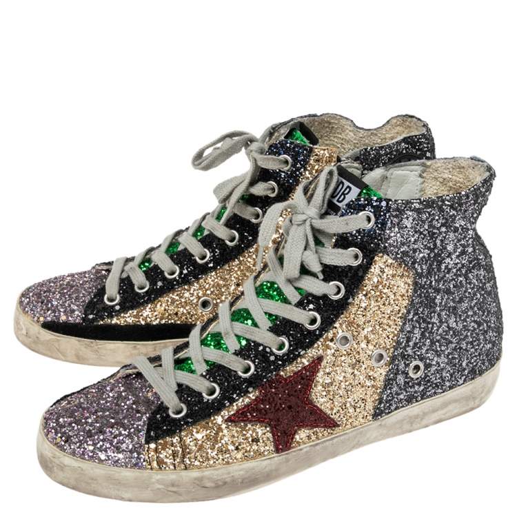 مملوكة مسبقًا Golden Goose Multicolor Coarse Glitter And Suede High Top Sneakers Size 39