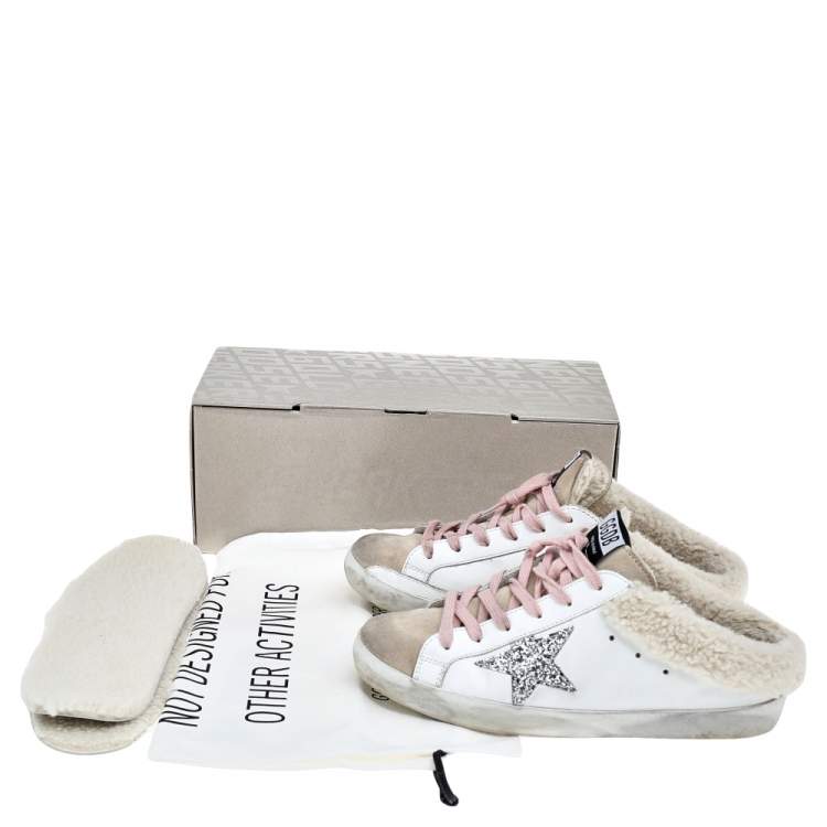 Pre Owned Golden Goose White/Beige Leather And Suede Superstar Sabot Shearling Sneakers Size 38