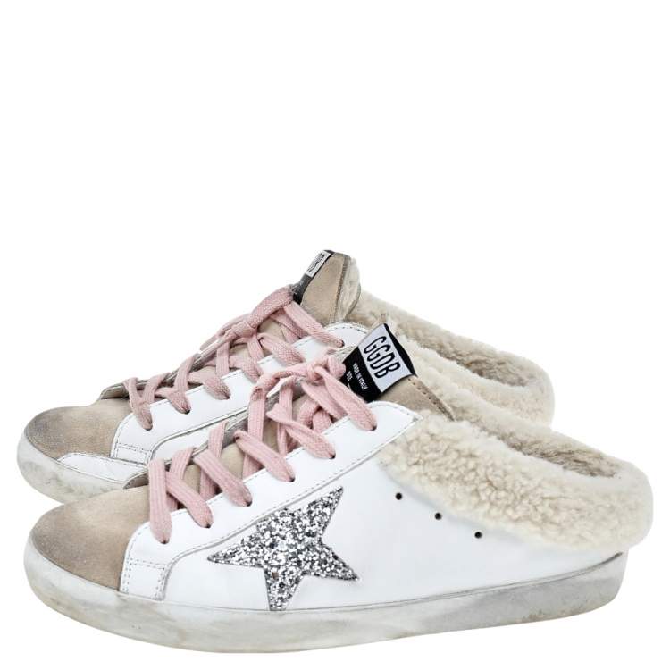 Pre Owned Golden Goose White/Beige Leather And Suede Superstar Sabot Shearling Sneakers Size 38