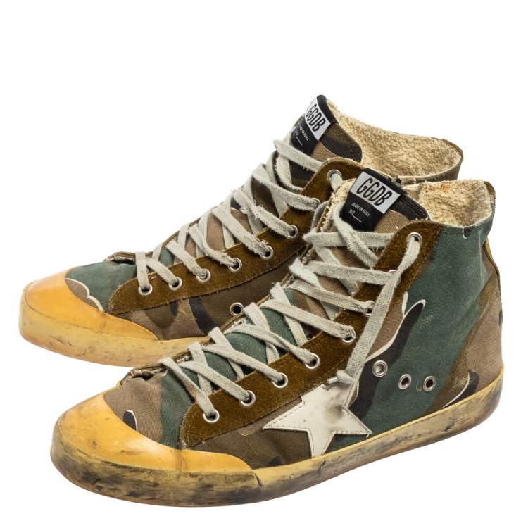 مملوكة مسبقًا Golden Goose Green Camo Canvas and Suede Mid Star Sneakers Size 42
