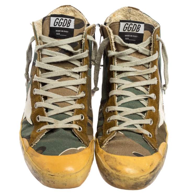مملوكة مسبقًا Golden Goose Green Camo Canvas and Suede Mid Star Sneakers Size 42