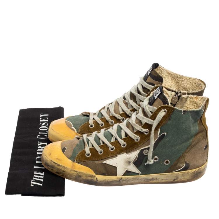 مملوكة مسبقًا Golden Goose Green Camo Canvas and Suede Mid Star Sneakers Size 42