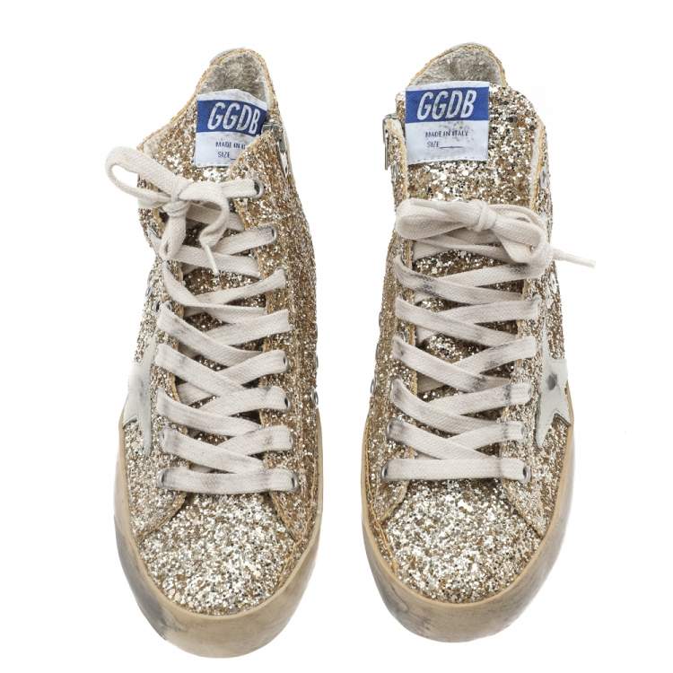 Pre Owned Golden Goose Gold Glitter Francy High Top Sneakers Size 35