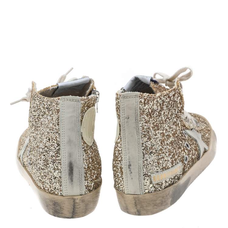 Pre Owned Golden Goose Gold Glitter Francy High Top Sneakers Size 35