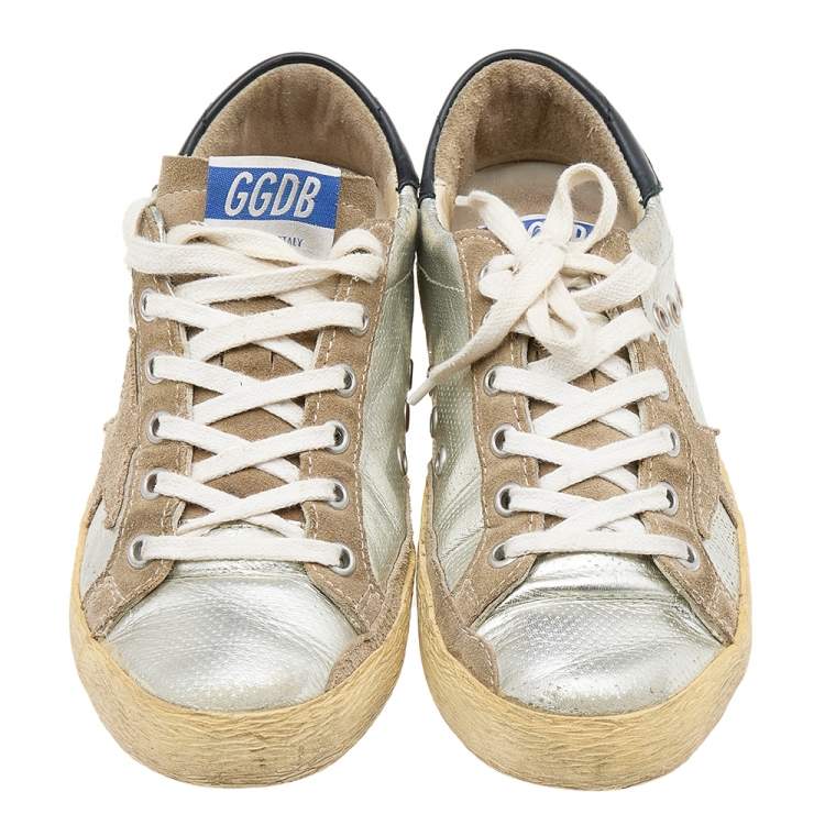 مملوكة مسبقًا Golden Goose Metallic Silver Leather And Suede Archive Low Top Sneakers Size 36