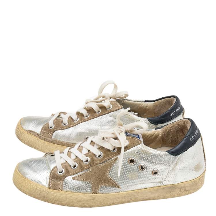 مملوكة مسبقًا Golden Goose Metallic Silver Leather And Suede Archive Low Top Sneakers Size 36