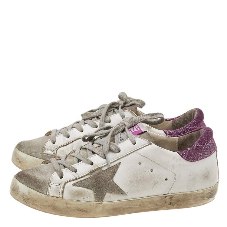Pre Owned Golden Goose White/Pink Leather And Suede Super Star Low Top Sneakers Size 36