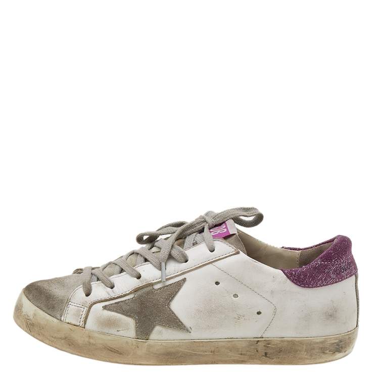 Pre Owned Golden Goose White/Pink Leather And Suede Super Star Low Top Sneakers Size 36