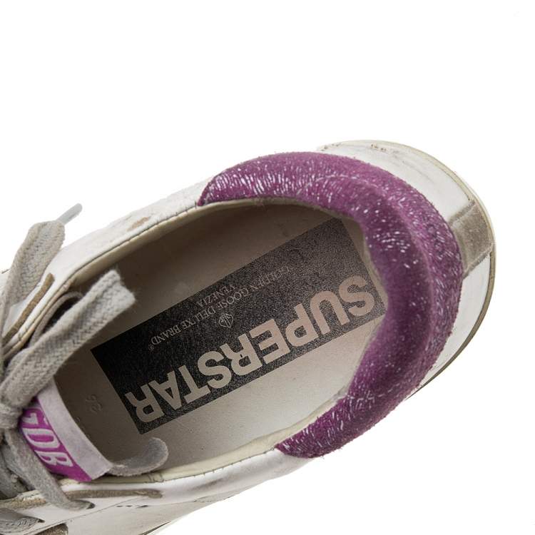 Pre Owned Golden Goose White/Pink Leather And Suede Super Star Low Top Sneakers Size 36