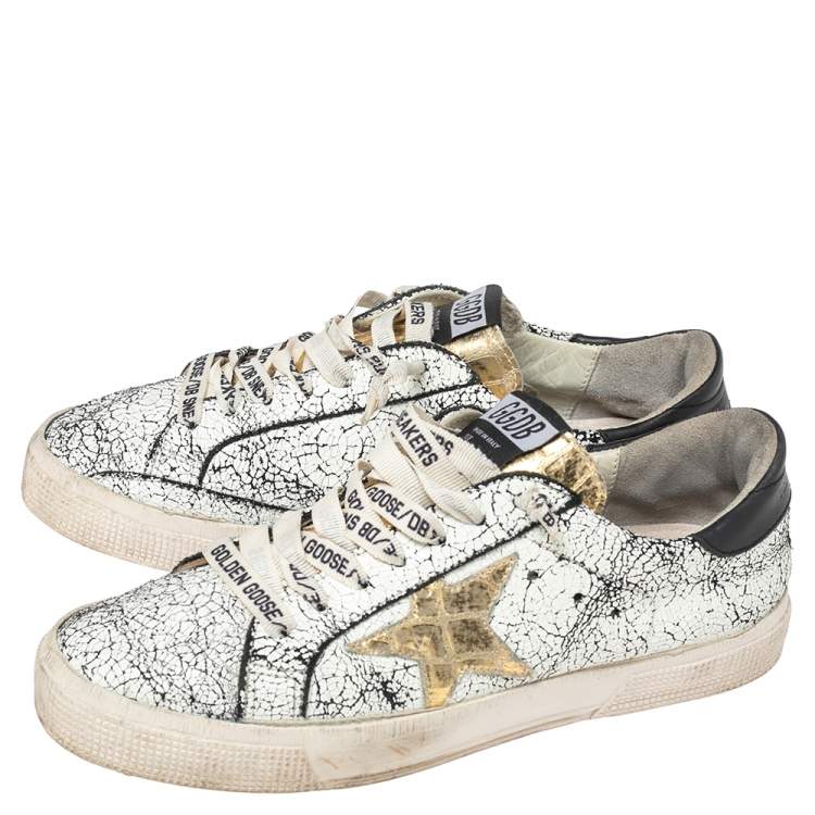 Pre Owned Golden Goose White/Black Crackled Leather Superstar Low-Top Sneakers Size 39