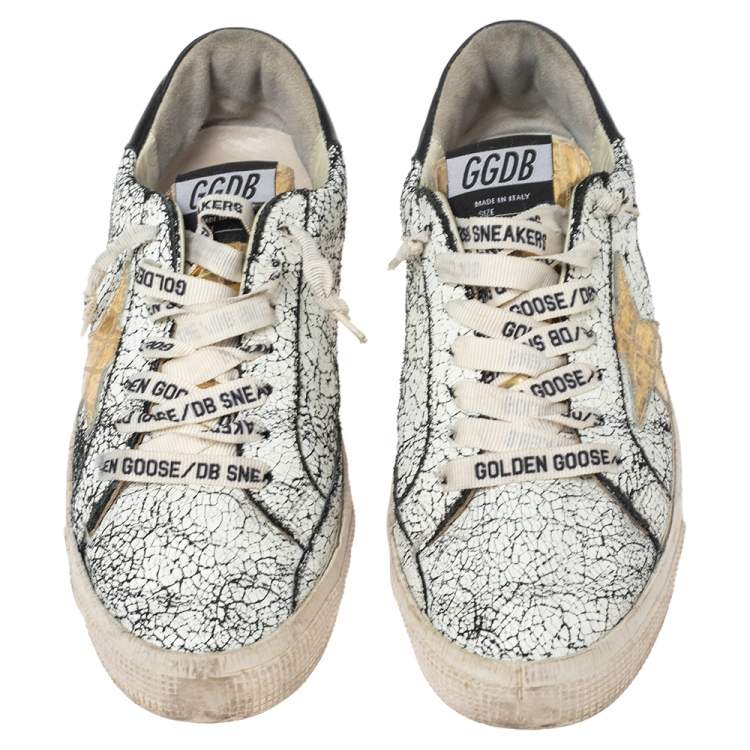 Pre Owned Golden Goose White/Black Crackled Leather Superstar Low-Top Sneakers Size 39