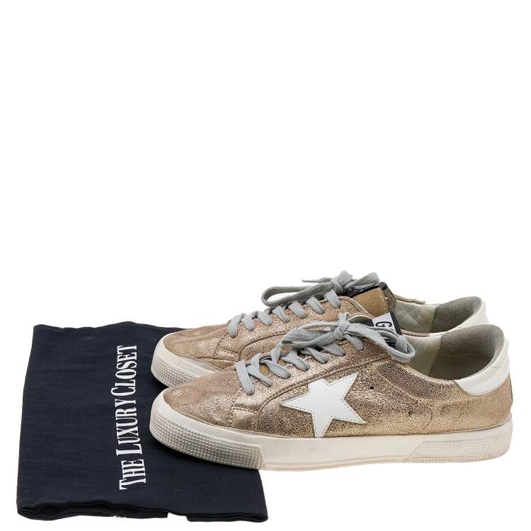 Pre Owned Golden Goose Metallic Gold Crinkled Leather May Low Top Sneakers Size 39