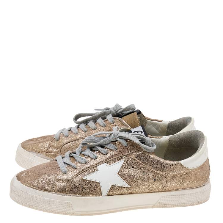 Pre Owned Golden Goose Metallic Gold Crinkled Leather May Low Top Sneakers Size 39