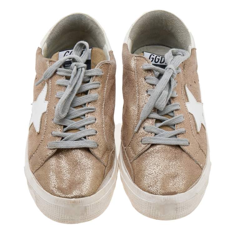 Pre Owned Golden Goose Metallic Gold Crinkled Leather May Low Top Sneakers Size 39