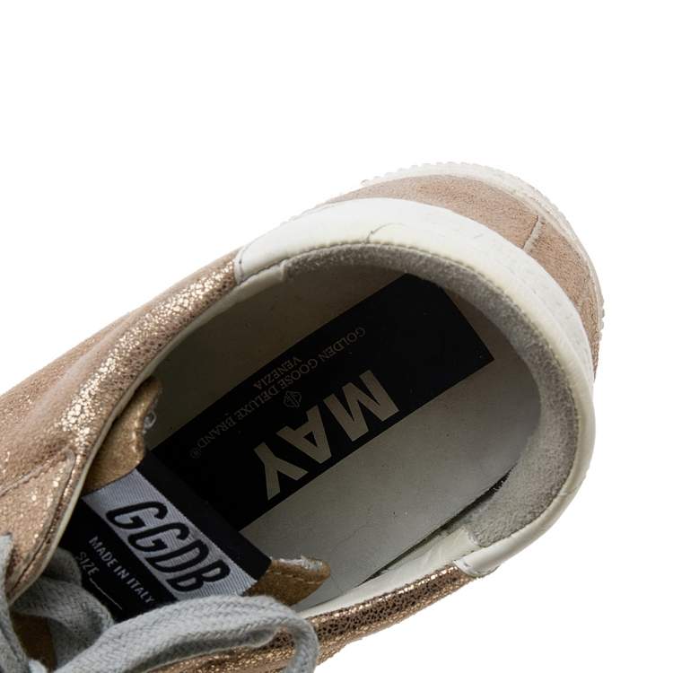 Pre Owned Golden Goose Metallic Gold Crinkled Leather May Low Top Sneakers Size 39