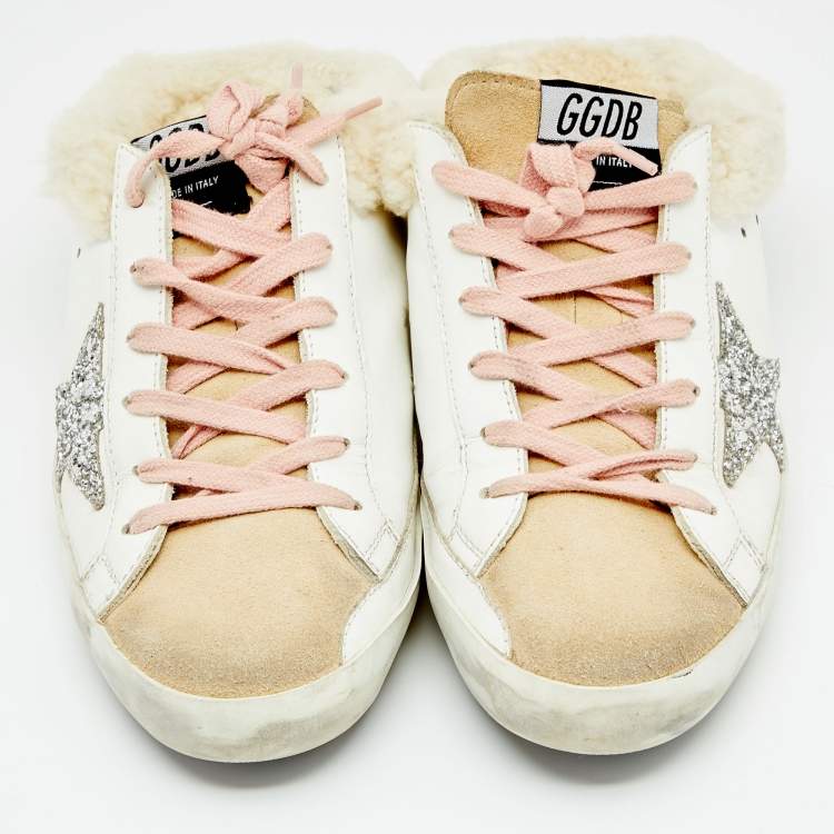 مملوكة مسبقًا Golden Goose White/Beige Leather And Suede Superstar Sabot Shearling Sneakers Size 39