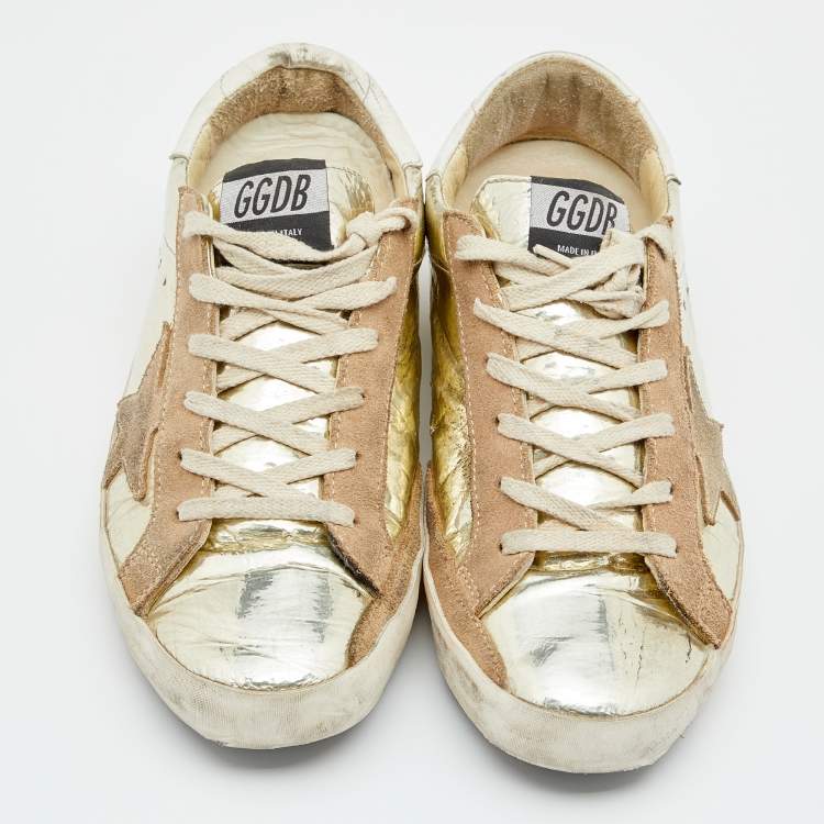 Pre Owned Golden Goose Metallic Gold Leather And Suede Superstar Low Top Sneakers Size 39