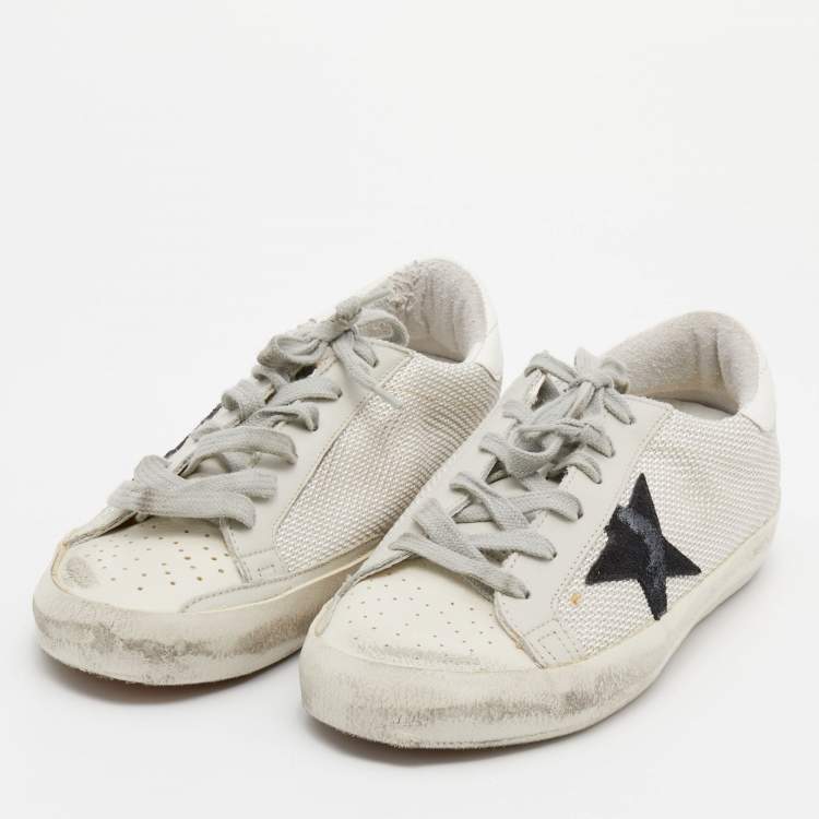 Pre Owned Golden Goose Off White/Grey Woven Fabric And Leather Superstar Sneakers Size 38